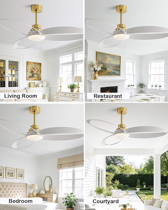 52" Ceiling Fan with Lights and Remote,Modern Ceiling Fan Gold, 6 Speed, Reversible, 3000k-6000k LED, Quiet DC Motor for Indoor Outdoor Bedroom Living Room Patio