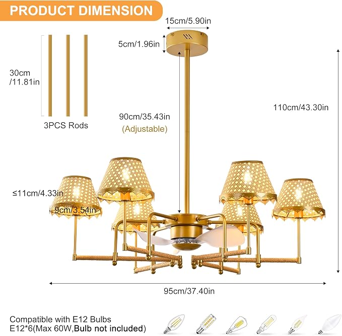 Garwarm Ceiling Fans with Lights,Boho Rattan Fandelier Ceiling Fan with Lights,Chandelier Ceiling Fan Remote Control for Kitchen Island Dining Living Room Nursery