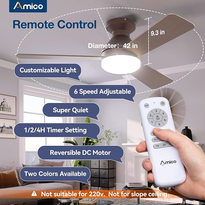 Amico Ceiling Fans with Lights, 42 inch Low Profile Ceiling Fan with Light and Remote Control, Flush Mount, Reversible, 3CCT, Dimmable, Noiseless, Brown Ceiling Fan for Bedroom, Indoor/Outdoor Use