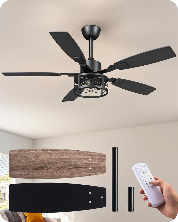 EDISHINE 52" Farmhouse Ceiling Fans with Lights and Remote, 10%-100% Dimmable, 6 Speeds, 5 Wood Blades, Reversible DC Motor, Timer, Quiet, Rustic Caged Fandelier Ceiling Fan for Bedroom Living Room