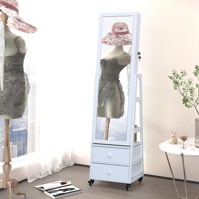 Jewelry Cabinet Standing Mirror with Drawers Wheels Full Length Mirror Jewelry Storage with Touch Screen Vanity Mirror Rotatable Jewelry Armoire Organizer with Lock White Christmas Gift for Women