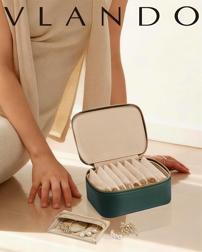 VLANDO Jewelry Box with 8 Velvet Jewelry Bags Travel Jewelry Storage Box Petal Hardware Jewelry Organizer for Necklace Rings Earrings Women Gifts for Christmas Birthday-Green