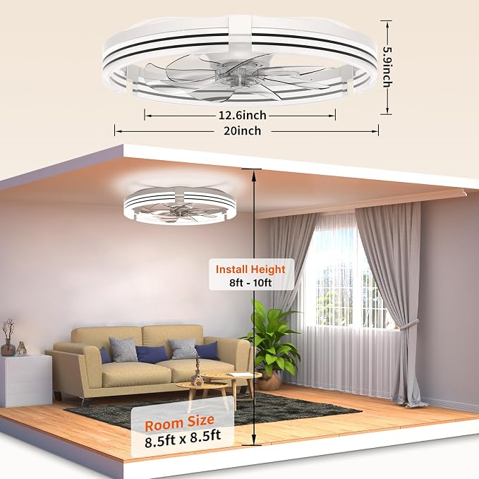 Ceiling Fans with Lights and Remote, 20'' Low Profile Ceiling Fan with APP Control, 3000K-6500K Dimmable, Quiet Reversible DC, Modern Flush Mount Fandelier for Bedroom (White-Stripe)