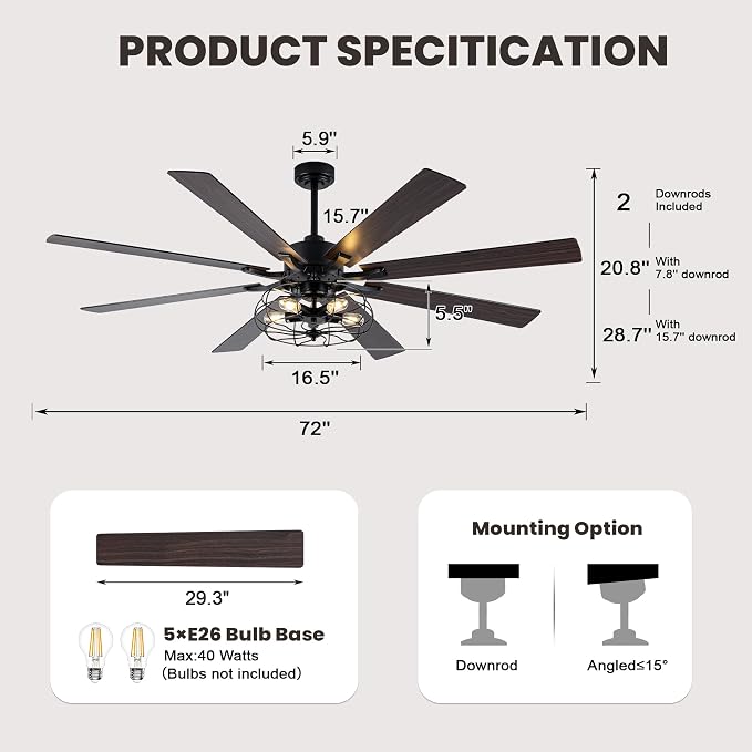 72 Inch Ceiling Fans with Lights Black Farmhouse Ceiling Fan with Remote for Living Room Large Caged Chandelier Fan 5*E26 Bulbs 6 Speed Reversible Quiet DC Motor Wood Blades (NO Bulbs)
