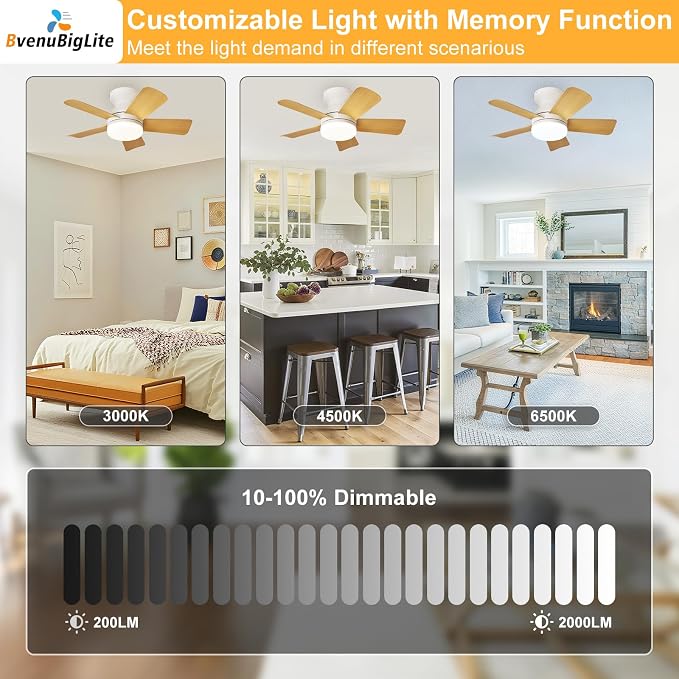 Ceiling fans with lights and Remote: 25 Inch Ceiling Fan with Light Low Profile - Flush Mount Ceiling Fan 5 Blades Reversible 3CCT Dimmable Noiseless for Bedroom (White& Wood Grain)