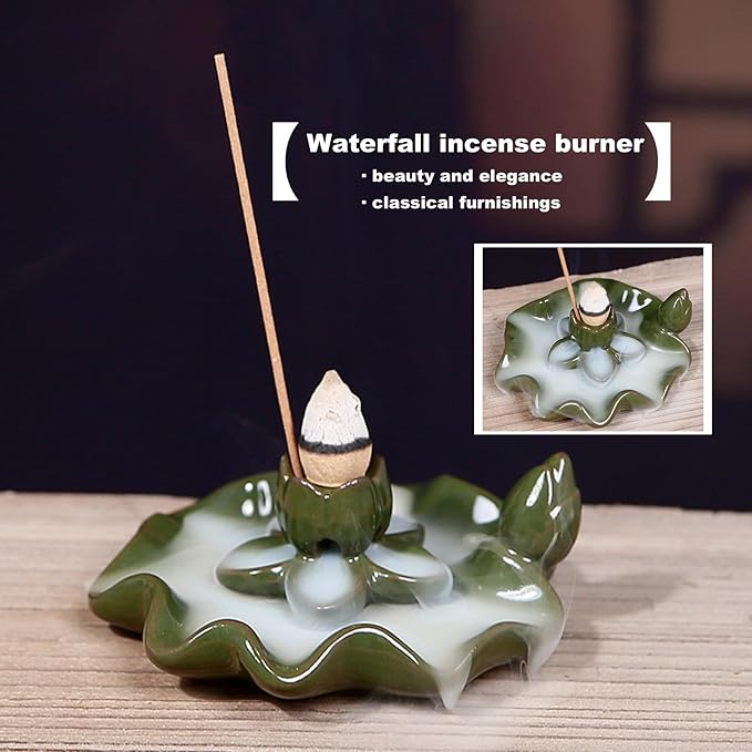 Ceramic Lotus Waterfall Backflow Incense Burner, Aromatherapy Meditation Incense Holder for Home Decor, Fits Sticks Cones Coils, Perfect Zen Gift for Yoga & Relaxation