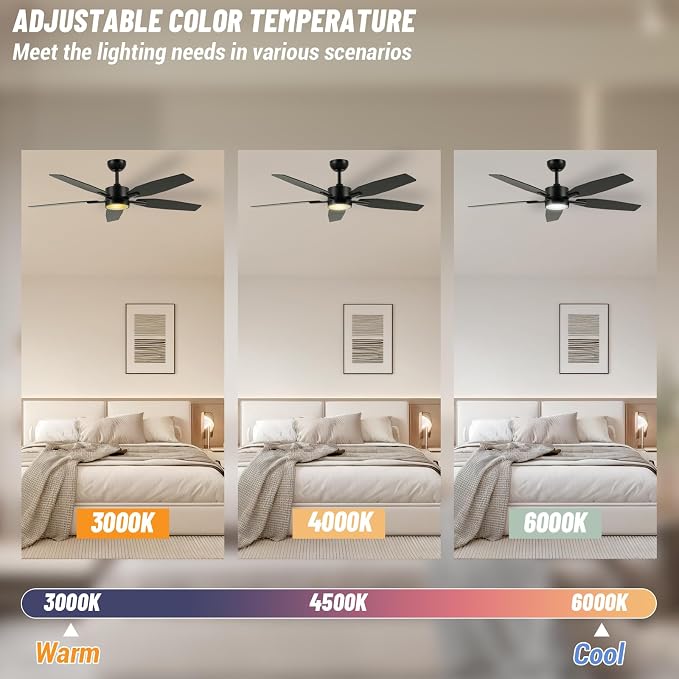 52" Ceiling Fan for Living Room - 5 Blades Modern Ceiling Fan with Light for Bedroom - Quiet DC Motor - 3CCT - 6 Speeds - Dimmable - Reversible Function - Black