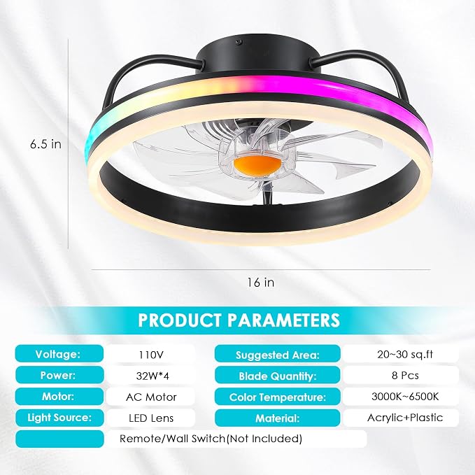 Ceiling Fan-Low Profile Ceiling Fan with Light - Modern Flush Mount Ceiling Fan ,16" RGB Dimmable LED Enclosed Ceiling Fans,Modern Bladeless LED-RGB Ambient Light for Bedroom Kids Room Party（Black）