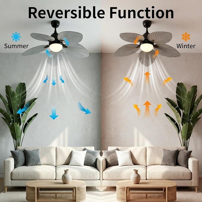 52" Modern Tropical Ceiling Fan with Light and Remote for Bedroom | LED Dimmable Tri-Color Temperature, 5 Blade Ceiling Fans Reversible, 6 Speeds w/Quiet DC Motor, living room, bedroom, kitchen