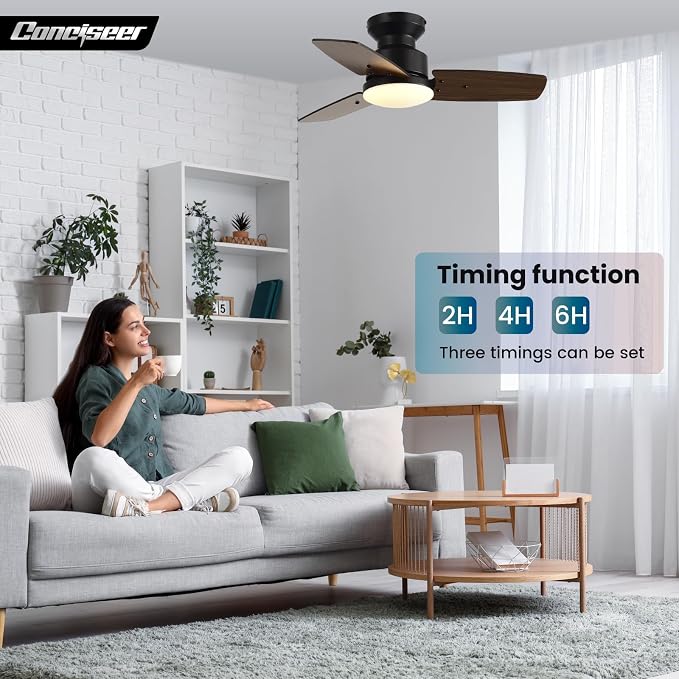 30 Inch Ceiling Fans with Lights and Remote, Bedroom Living Room Office, Flush Mount, 6CCT Dimmable, Dual Color 3 Blades 6 Speed Reversible Quiet DC Motor, Black/Wood Grain