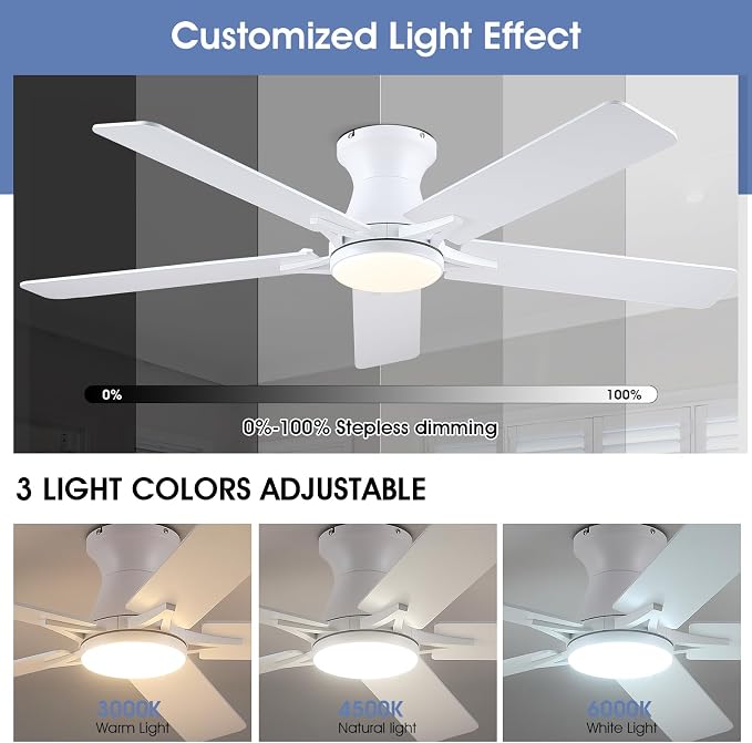 52"Modern White Low Profile Flush Mount Ceiling Fans with Light and Remote | Supports Remote and APP, 6 Wind Speeds, Reversible, Dimmable 3 Light Colors LED Light, Noiseless 30W DC Motor,2H Timer