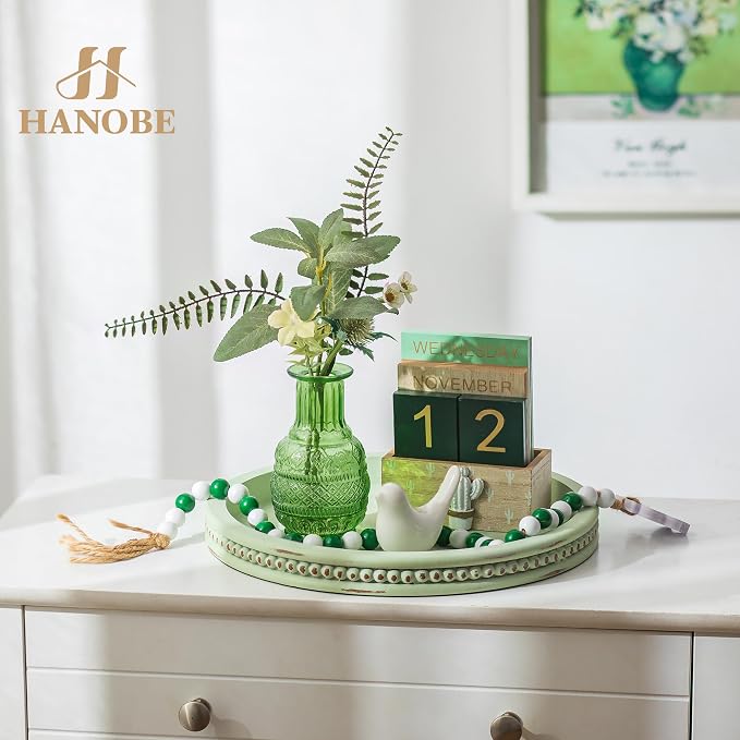 Hanobe Sage Green Decor Tray, Beaded Edge & Distressed Finish | 10.4" round wood tray for candle display, for coffee table centerpiece, living room, bedroom, kitchen.