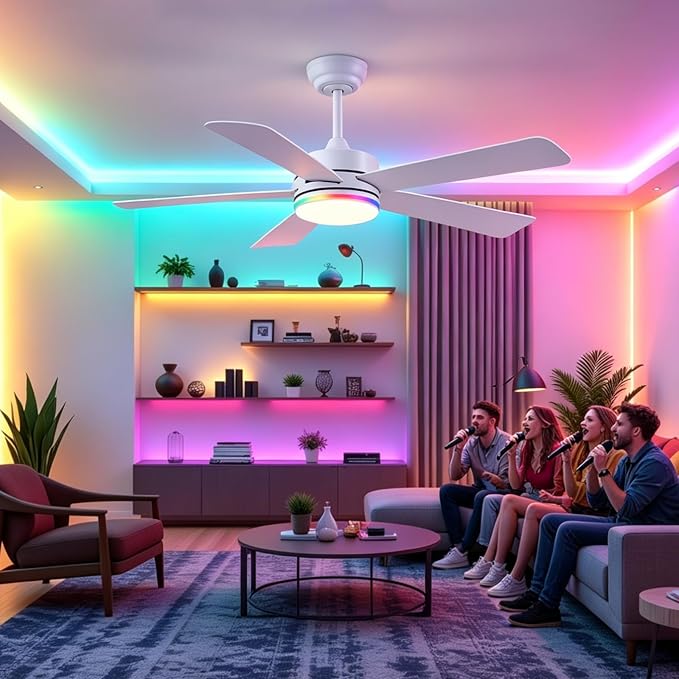 SHIHOT 46" White Modern RGB Ceiling Fans with Lights for Bedroom Kids room | 14 RGB Modes ,Supports Both Remote and APP,6 Wind Speeds, Reversible, Dimmable 3CCT LED Light, 35W Quiet DC Motor,2H Timer