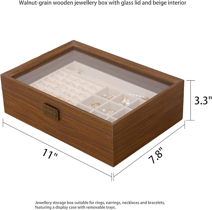 2-Layer Glass Lid Walnut Jewelry Box for Women, Vintage Style Solid Wood Jewelry Organizer and Display Case, Ideal Gift for Rings, Earrings, Necklaces & Bracelets