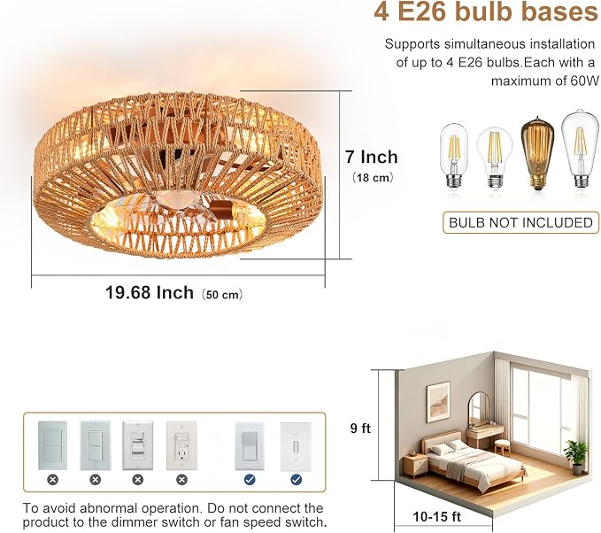 Depuley Boho Ceiling Fan with Light: 20 Inch Textured Rope Flush Mount Fandelier with Remote and Timer Control - Walnut Caged Ceiling Fan with 6 Speeds - Indoor Quiet Fan for Bedroom and Living Room