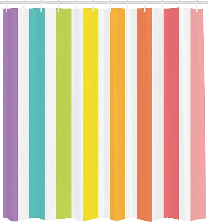 Ambesonne Modern Shower Curtain, Circus Theme Rainbow Colored Image Bold Stripes with Blank Background Image Print, Cloth Fabric Bathroom Decor Set with Hooks, 69" W x 70" L, Pastel Pink