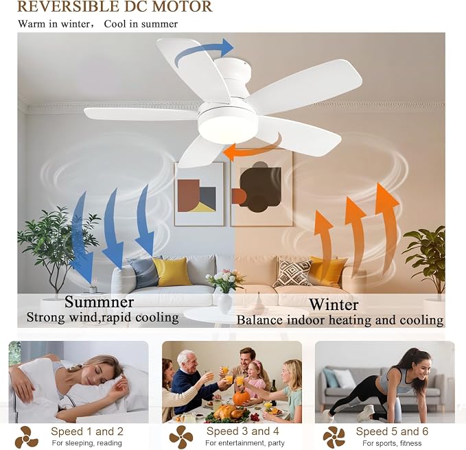 FUMLTP 42inch Flush Mount Ceiling Fans with Lights and Remote/APP Control, Dimmable LED, Reversible DC Motor, Noiseless, Low Profile White Ceiling Fan for Livingroom, Indoor/Outdoor Use