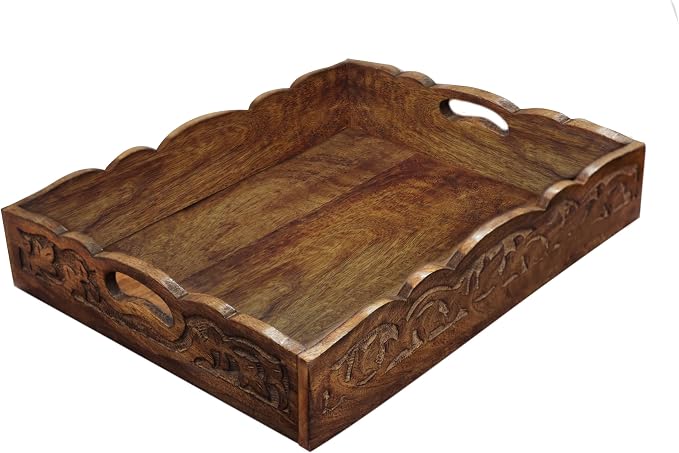 COTTON CRAFT Hand Carved Wooden Serving Tray - Breakfast Tray with Handles | Natural Finish Decorative Dinner Tray - Rustic Intricately Detailed Unique Furnishing Accent - Food Tray - 17x13x2.5 Inches