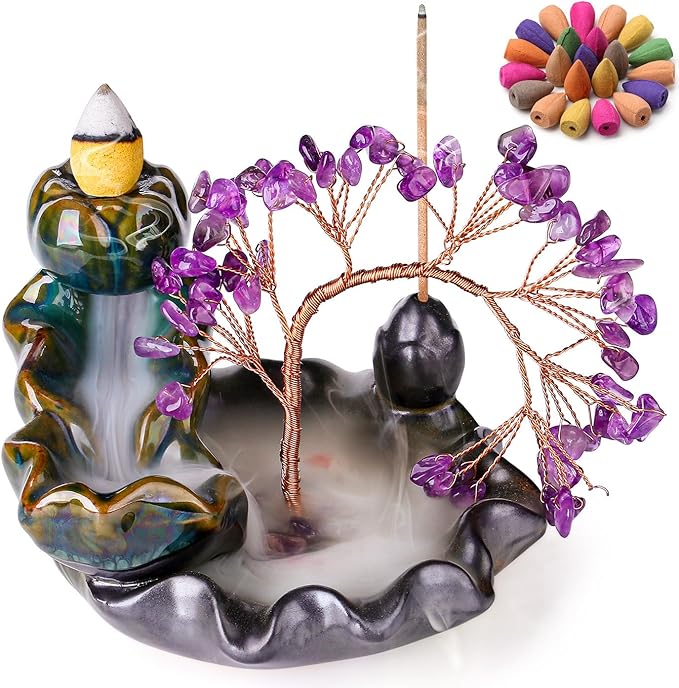 DUQGUHO Incense Holder Ceramic Backflow Incense Waterfall Burner Amethyst Crystal Tree with 30 Burner Incense Cones for Room Home Zen Decor Meditation