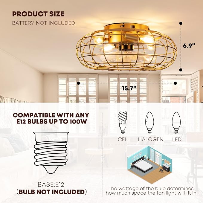 Ceiling Fan with Lights, 16 Inch Caged Ceiling Fan Lights Remote Control Small Industrial Ceiling Fan Light Fixture Flush Mount Farmhouse Light 8 Speeds Bladeless Lights for Bedroom Kitchen
