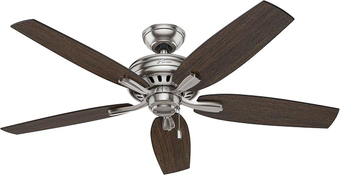 Hunter 52 inch Indoor Ceiling Fan No Light with Pull Chain - Ceiling Fan without Light, Standard Mount, 5 Blades, For Bedroom, Living Room, or Kitchen, Quiet - Newsome 53321, Brushed Nickel