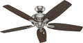Hunter 52 inch Indoor Ceiling Fan No Light with Pull Chain - Ceiling Fan without Light, Standard Mount, 5 Blades, For Bedroom, Living Room, or Kitchen, Quiet - Newsome 53321, Brushed Nickel