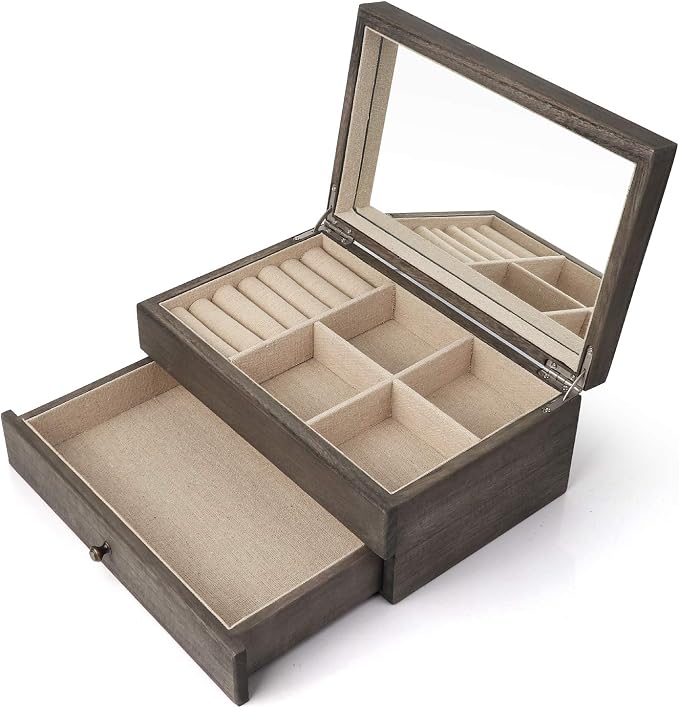 Meangood Jewelry Box Organizer for Women, 2 Layer Large Jewelry Storage Case, Rustic Wooden Jewelry Box with Mirror & Ring Tray for Necklace Earring Bracelets Rings, Vintage Style (Weathered Grey)
