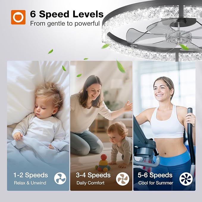 addlon Ceiling Fans with Lights and Remote, 24'' Low Profile Flush Mount Ceiling Fan, 3000–6000K Dimmable LED Fandelier, Bladeless Crystal Fan Light for Bedroom, Kitchen, Living Room, Black