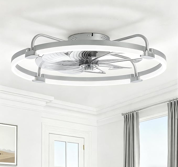 LEDIARY Ceiling Fans with Lights and Remote, 24'' Low Profile Ceiling Fan with Light, 3000-6000K Dimmable Fandelier LED Fan Light, 6 Wind Speeds, Grey Modern Flush Mount Ceiling Fan for Bedroom