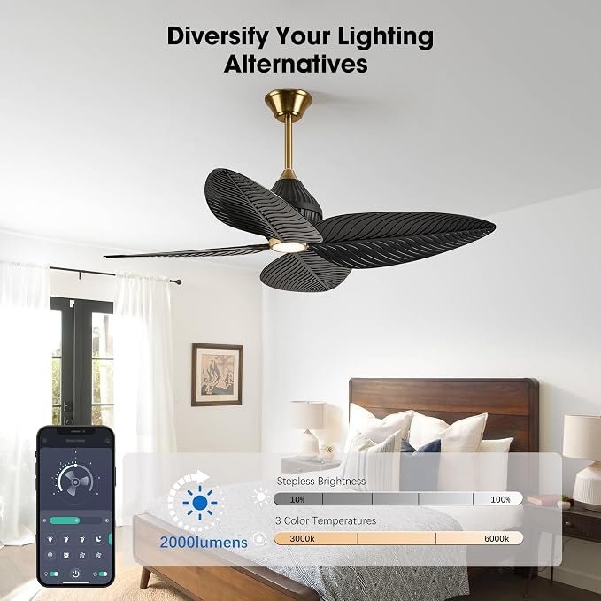 52" Tropical Ceiling Fans with Lights, Indoor Palm Leaf Ceiling Fan with Light and Remote for Living Room Bedroom, ABS Blades, Dimmable LED Lights, 6 Speeds, Adjustable Height-Black Gold