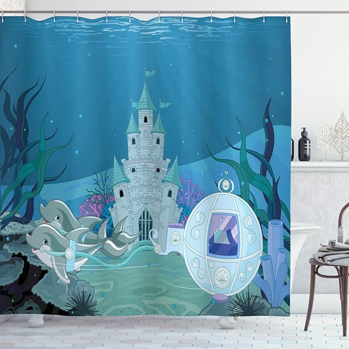 Ambesonne Ocean Shower Curtain, Mermaid Castle with Dolphins Moss Fish Sun Beams Art Print, Cloth Fabric Bathroom Decor Set with Hooks, 69" W x 84" L, Turquoise Teal