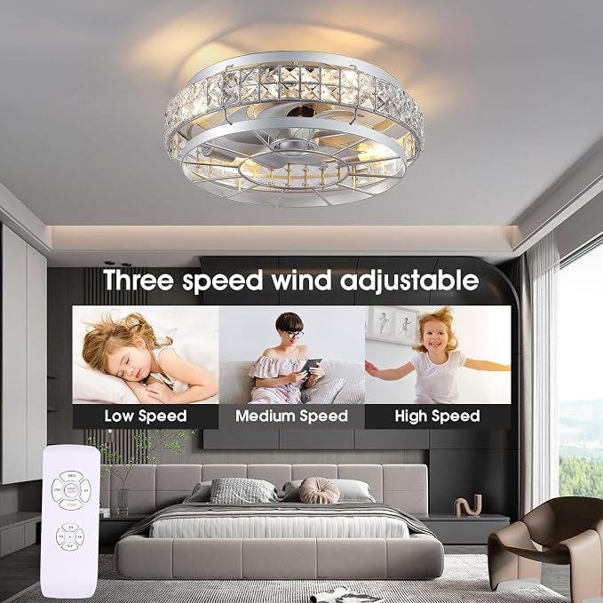 SHIHOT 18" Crystal Low Profile Caged Ceiling Fans with Lights and Remote | Safe Crystal Caged-Design,Supports Both Remote and APP,6 Wind Speeds, Reversible, Quiet DC Motor,Suits for Bedroom Kidsroom