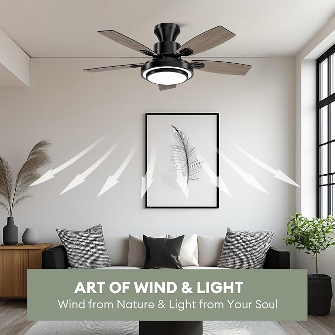 Ceiling Fans with Lights and Remote Control, 42 Inch Low Profile Ceiling Fan with Quiet Reversible DC Motor, Dimmable LED Lighting, 6 Speeds, Timer, Black Ceiling Fan for Bedroom Living Room