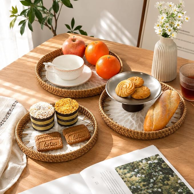 Set of 3 Round Rattan Tray, Rattan Serving Tray for Storage, Decorative Wicker Tray for Table Decor, Home Decor, Kitchen, Coffee, Bread, Fruits (White Leaf, Set of 3)