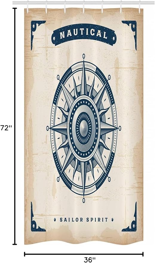 Ambesonne Compass Stall Shower Curtain, Compass Illustration with Lettering Nautical Ocean Adventure Themed Print, Fabric Bathroom Decor Set with Hooks, 36" W x 72" L, Night Blue