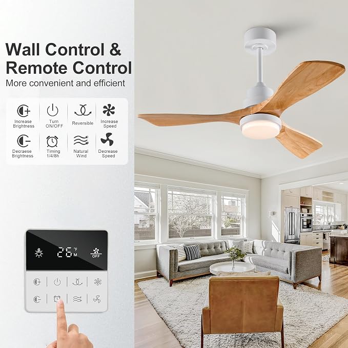 42 Inch Outdoor Ceiling Fans with Lights and Remote Control, Dimmable Outdoor Ceiling Fans for Patios 3 Blade Wood White Natural Wood Bedroom Ceiling Fan with Light, Wall Switch
