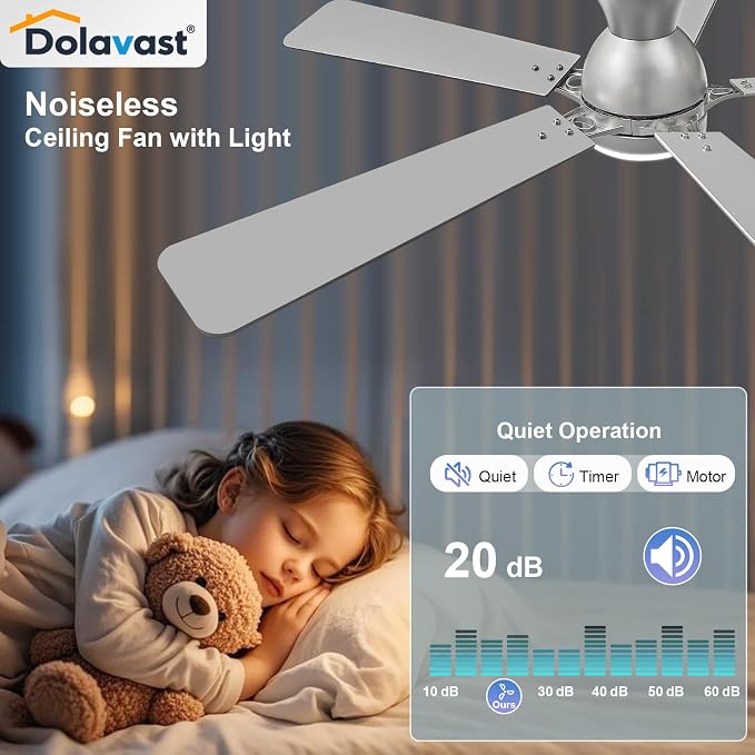 Ceiling Fans with Lights, 52 Inch Low Profile Ceiling Fan with Light and Remote Control, Flush Mount, Reversible, 3CCT, Dimmable LED, Quiet, Nickel Ceiling Fan for Bedroom, Living Room