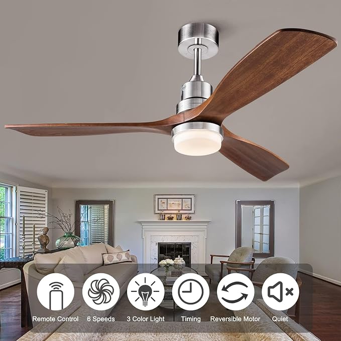 52 Inch Brushed Nickel Ceiling Fans with Lights and Remote Control, Dimmable, Modern Ceiling Fan Light, 3 Blades, 6 Speed DC Motor, Indoor Outdoor Ceiling Fan for Farmhouse,Bedroom