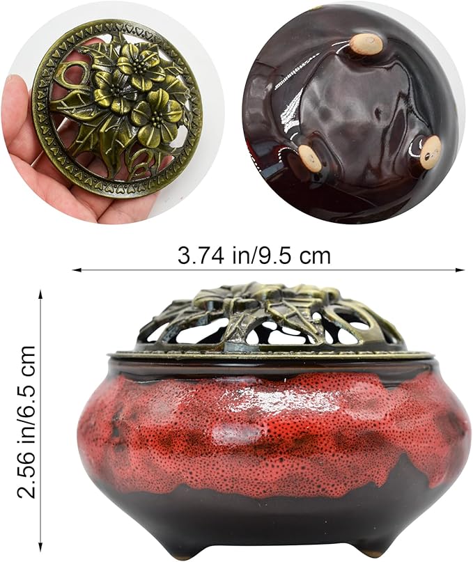 Ceramic Incense Burner with Lid, Incense Holder for Sticks Incense Cone Holder with Brass Incense Stick Holder for Yoga Meditation Home Decor (Fambe Red)
