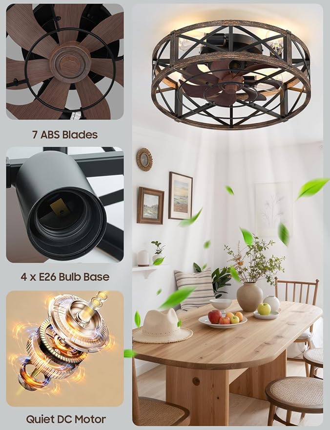 Caged Ceiling Fan with Light and Remote, 20" Low Profile Flush Mount Ceiling Fans with Light, 6 Speed, Timing, Reversible DC Motor, Small Farmhouse Fan Lights for Bedroon Kitchen Living Dining Room