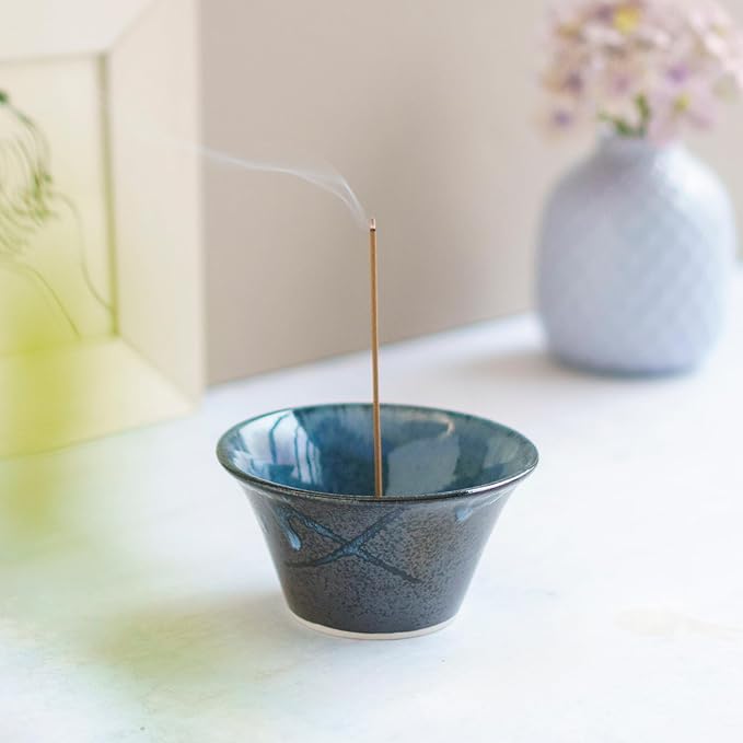 Asayu Japanese Incense Holder for Sticks 4.1 inch (105mm), Traditional Made in Japan Ceramic Ash Catcher and Brass Incense Burner Set - Black and Blue Cone