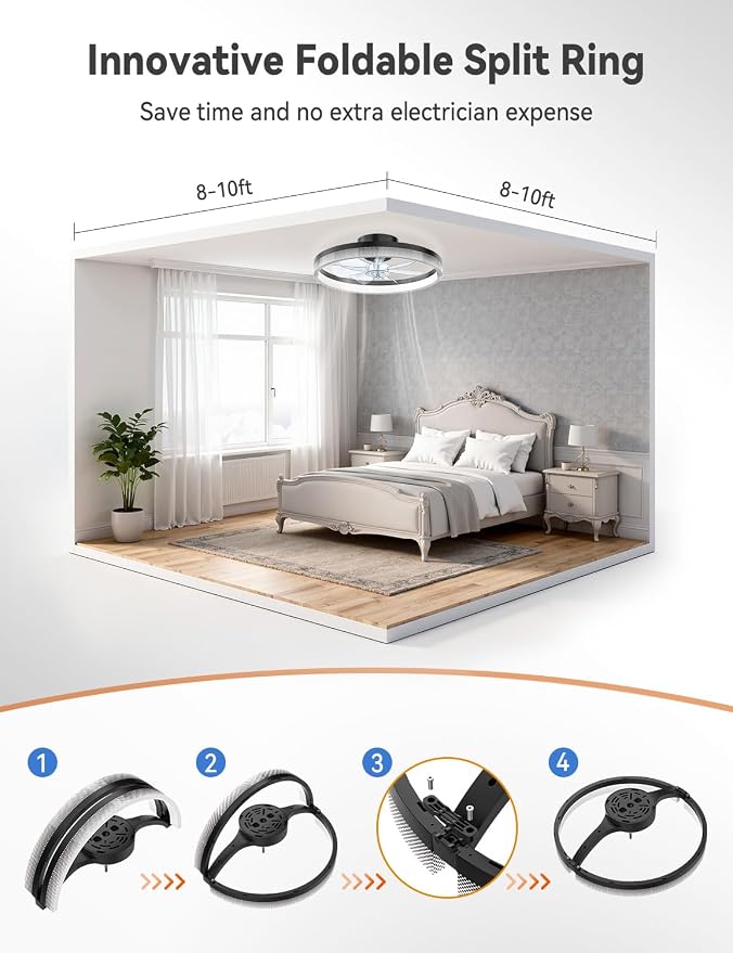 AKOFUN 18" Ceiling Fans with Lights and Remote, Low Profile Flush Mount Ceiling Fan with Light, 3000-6500K Dimmable LED Fan Light, Modern Bladeless Fandelier Ceiling Fans for Bedroom, Black Dot