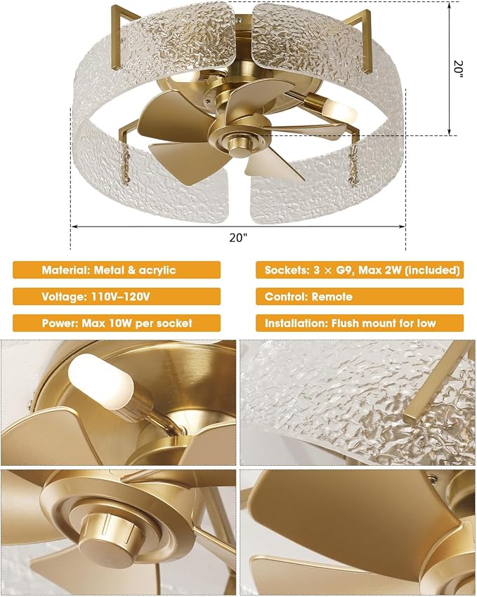 20 Inch Modern Gold Ceiling Fan with Light, Flush Mount Fandelier with Remote Control, Quiet Reversible DC Motor, Low Profile Ceiling Fans for Bedroom Living Room Nursery