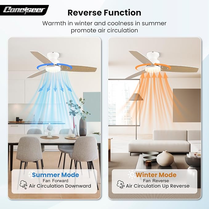 Modern Ceiling Fans with Lights, 42 Inch Ceiling Fan with Light and Remote, Bedroom Living Room Office Outdoor, Flush Mount,18W 6CCT 3 Blades 6 Speed Reversible Quiet DC Motor, White/Wood Grain