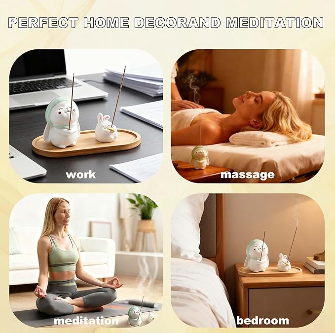 Cute Rabbit Incense Holder for Sticks – Resin Incense Stick Holder with Bamboo Ash Catcher,Perfect for Energy Cleansing,Yoga,Meditation,Zen Spaces, and Altar Decor