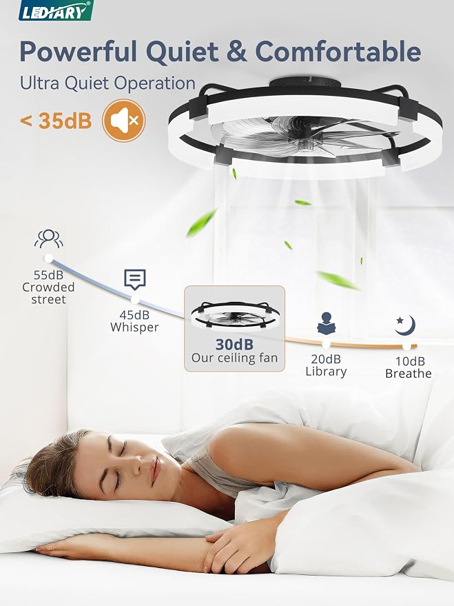 LEDIARY 24" Ceiling Fans with Lights and Remote, Modern Low Profile Ceiling Fan, 3 CCT, Stepless Dimmable, Fandelier Flush Mount Fan Light, 6 Speeds, DC Motor, App & Remote Control for Bedroom(Black)