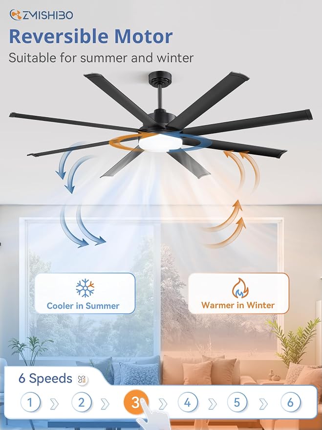 ZMISHIBO 72 Inch Ceiling Fan with Light, Large Industrial Ceiling Fan with Modern 8 Black Aluminum Blades, 3000-6000K Dimmable, 6 Speeds, Smart Fan Light Compatible with Alexa for Patio Living Room