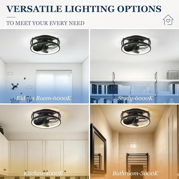 13 Inch Small Ceiling Fan with Light and Remote, Low Profile Flush Mount Fandelier, Dimmable 3CCT Quiet LED Ceiling Fans for Bedroom Black RBG