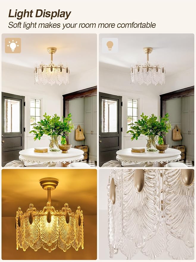 20 Inch Gold Crystal Fandelier Ceiling Fan with Light, Mid Century Gold Fandelier Ceiling Fans with Lights Remote Control, French Country Chandelier with 6 Speeds for Bedroom, Nursery, Living Room