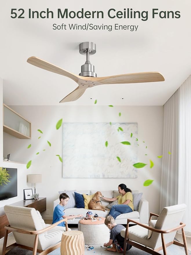 Sofucor 52 Inch Ceiling Fans No Light-Outdoor Ceiling Fan with Remote Control, Modern Wood Ceiling Fan Without Light for Bedroom Indoor Patios Farmhouse,Reversible DC Motor,Brushed Nickel&Natural Wood